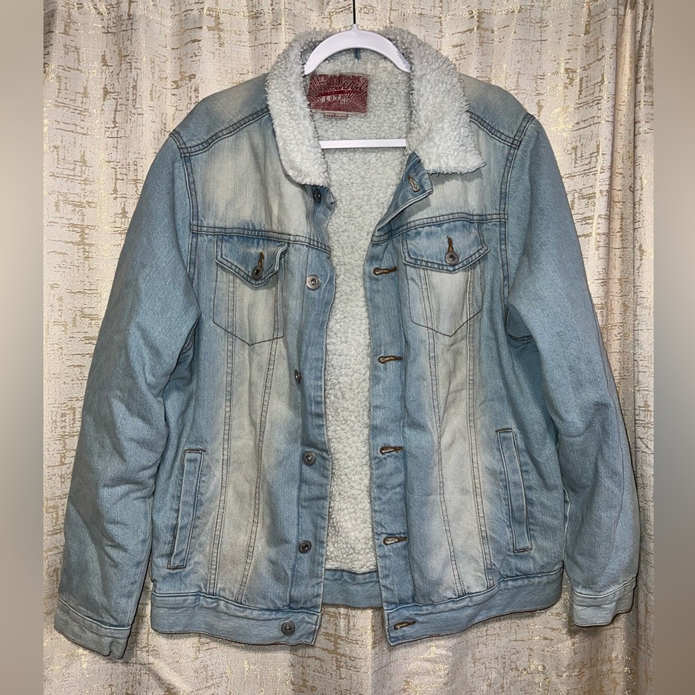 Brooklyn Cloth Men's Light Blue Jeans Denim Trucker Sherpa Jacket Button Sz L